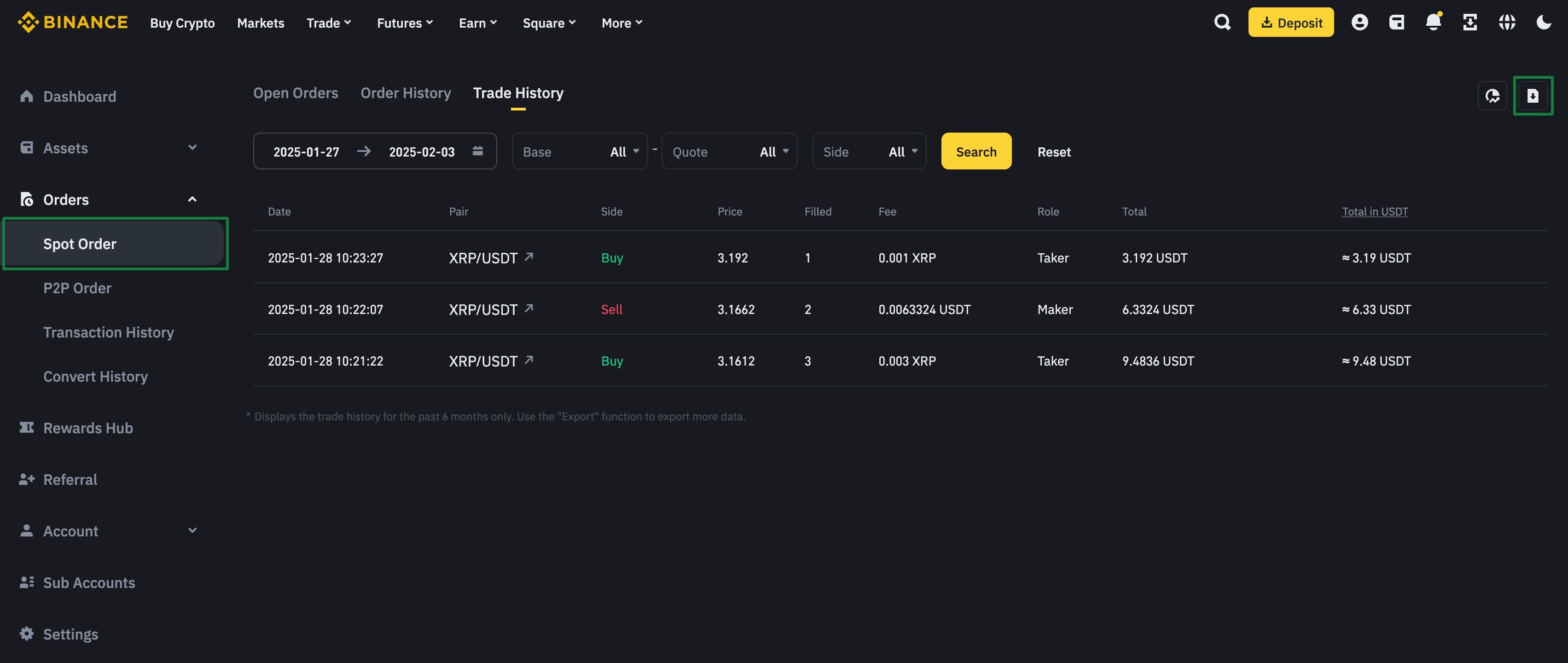 Trade History Page